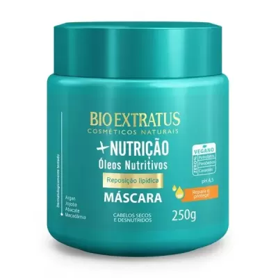 Frasco verde azul com tampa com texto Bio Extratus Máscara Nutrição 250g