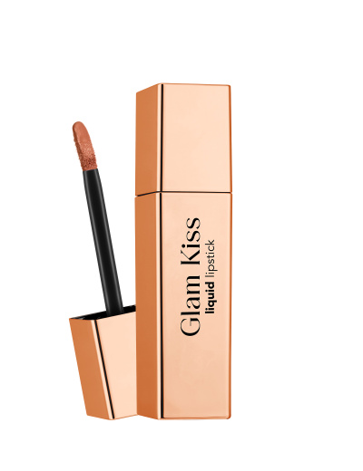 batom líquido Glam Kiss embalagem ouro rosé com aplicador preto