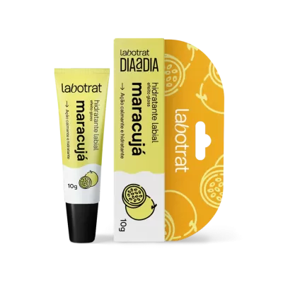 Hidratante labial Labotrat Maracujá em tubo amarelo e branco com caixa de embalagem amarela e branca em fundo preto
