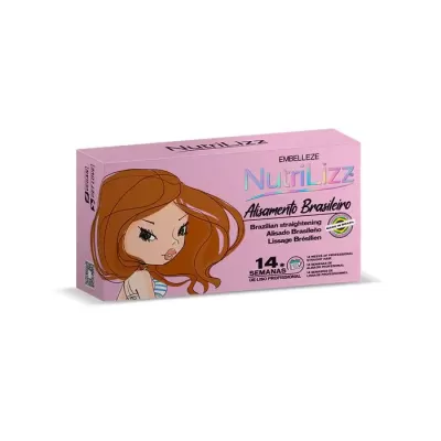 Embalagem cor-de-rosa do alisamento capilar NutriLizz Alisamento Brasileiro com ilustração de mulher de cabelo castanho