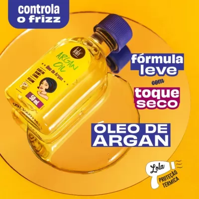 Duas garrafas de óleo de argan com tampa azul sobre fundo amarelo com textos promocionais.