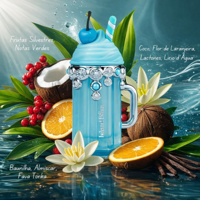Frasco de perfume azul claro com pedras brilhantes e frutas tropicais