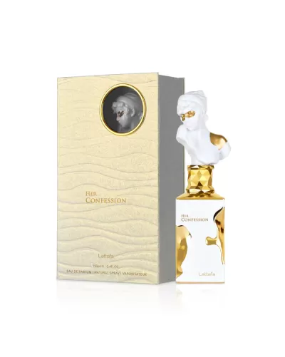 Frasco de perfume branco e dourado junto de embalagem bege com janela circular.