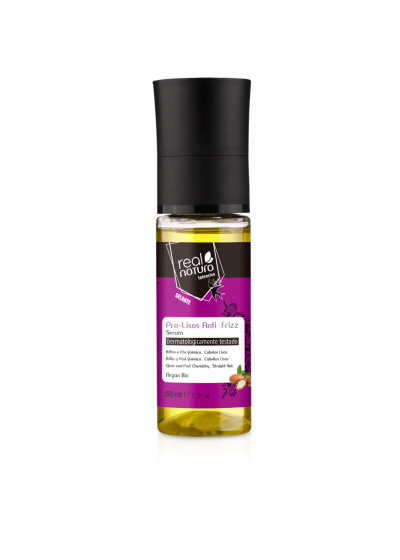Frasco de serum capilar Pro-Lisos Anti Frizz com tampa preta e rótulo roxo