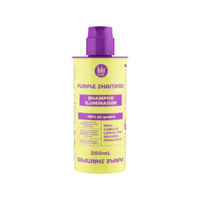 Frasco amarelo de shampoo iluminador para cabelos loiros com tampa roxa