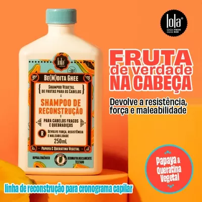 Frasco de shampoo vegetal Be(M)dita Ghee da Lola Cosmetics para reconstrução de cabelos