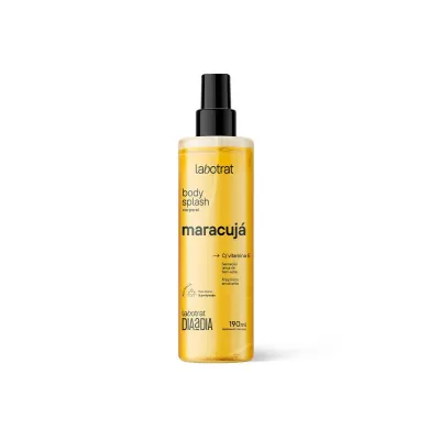Frasco amarelo de body splash corporal maracujá Labotrat com tampa preta