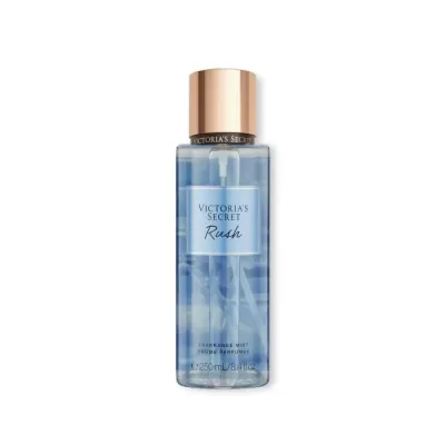 Frasco Victorias Secret Rush fragrance mist 250 ml, azul com tampa dourada