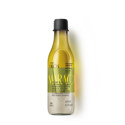 Frasco transparente com óleo amarelo e rótulo Natura EKOS