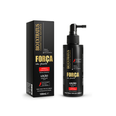 Frasco de loção para cabelo com doseador e caixa preta com texto