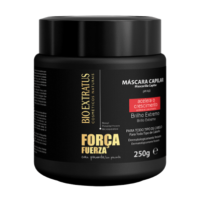 Frasco preto com rótulo de máscara capilar Bio Extratus Força Fuerza 250g