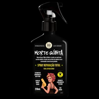 Frasco preto spray reparação total para cabelo com texto e ilustração