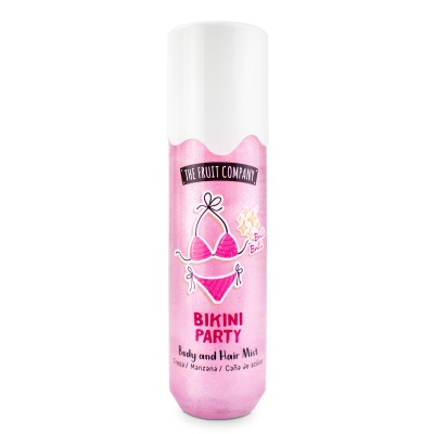 Frasco rosa e branco de spray corporal e capilar Bikini Party da The Fruit Company