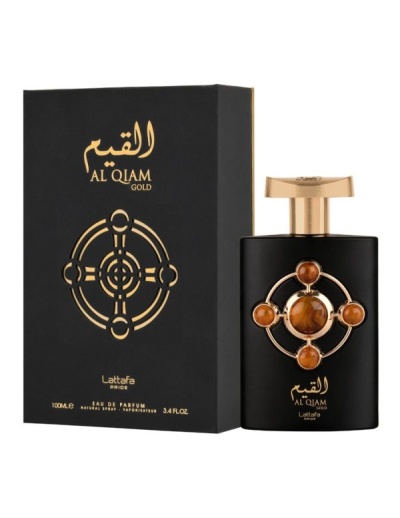 Perfume Al Qiam Gold Lattafa frasco preto e dourado com embalagem preta