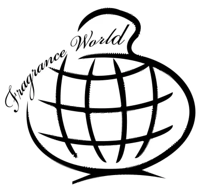 Logótipo preto e branco com globo e texto Fragrance World