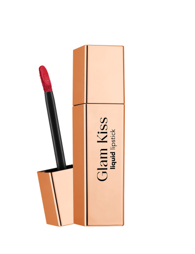 Batom líquido Glam Kiss vermelho com aplicador e embalagem metálica