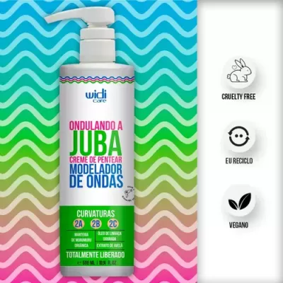 Frasco branco com tampa de bomba e rótulo colorido para creme de pentear modelador de ondas