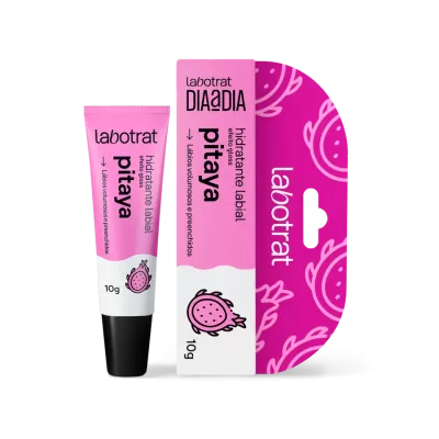 Hidratante labial Labotrat Pitaya em tubo rosa e branco com embalagem rosa decorada com desenhos de pitaya.