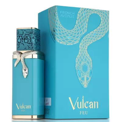 Frasco e caixa de perfume azul-turquesa com detalhes dourados e serpente decorativa