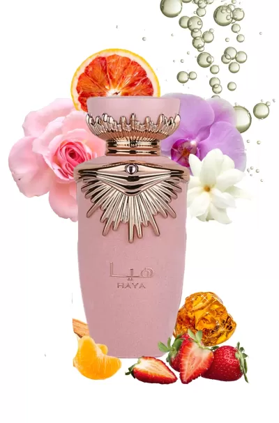 Frasco rosa de perfume LIO HAYA decorado com flores, frutas e bolhas