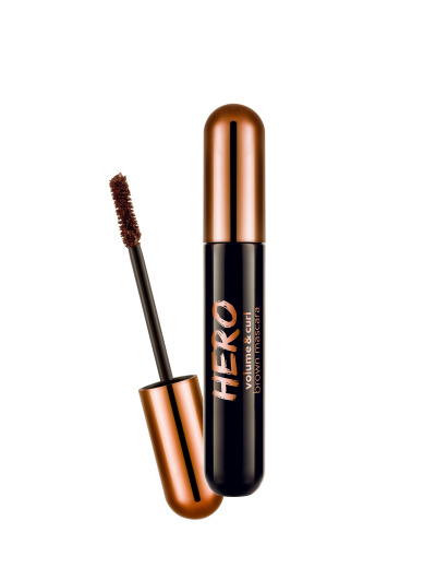 Máscara de pestanas HERO volume & curl castanha com aplicador aberto.