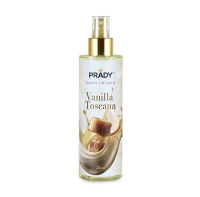 Frasco transparente de body splash PRADY Vanilla Toscana com tampa dourada e borrifador