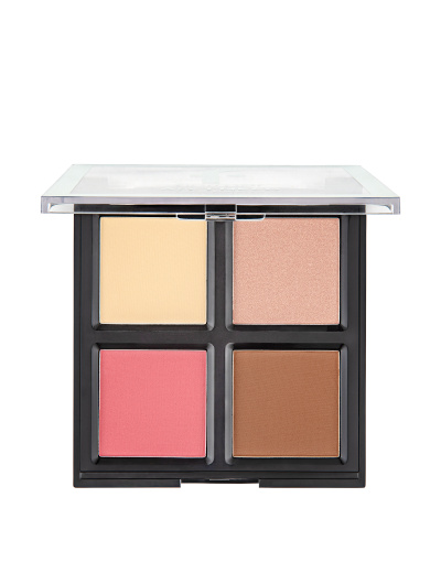 Paleta de maquilhagem com quatro cores compactas em caixa preta com tampa transparente.