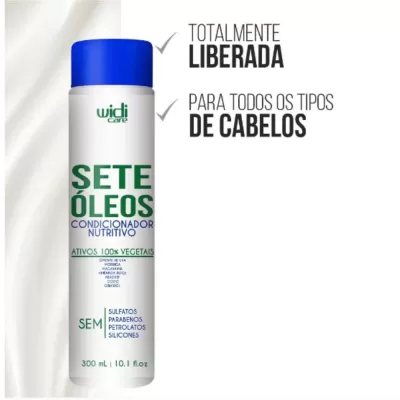 Frasco branco e azul de condicionador Sete Óleos da Widi Care