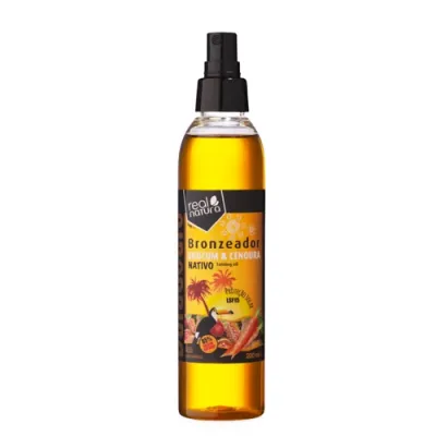 Frasco de óleo bronzeador Real Natura com tampa spray e rótulo amarelo e preto