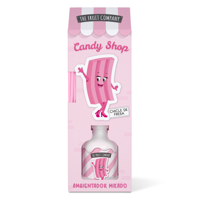 Ambientador Mikado The Fruit Company com embalagem rosa e personagem desenhada