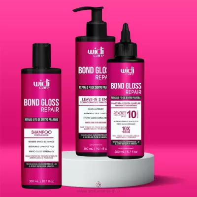 Produtos de cuidado capilar Widi Care Bond Gloss Repair em embalagens rosa e pretas