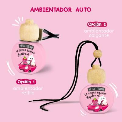 Ambientadores para carro cor-de-rosa com tampa de madeira e ilustração de ursos e texto em espanhol.