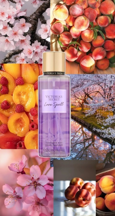 Frasco de névoa perfumada Victoria's Secret Love Spell rodeado de imagens de flores de cerejeira e pêssegos.