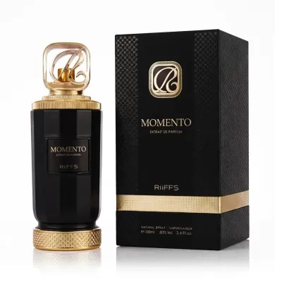 Frasco e embalagem de perfume Momento RiiFFS preto e dourado
