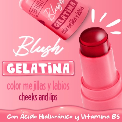Batom gelatina blush cor rosa com informações na embalagem