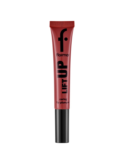 Tubo de produto labial vermelho com tampa preta e texto preto flormar LIFT UP.