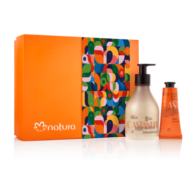 Conjunto de produtos Natura Castanha com caixa laranja, frasco com doseador 250 ml e tubo 40 g.