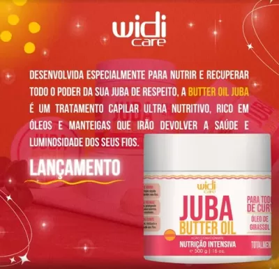 Pote de tratamento capilar Juba Butter Oil da Widi Care sobre fundo vermelho com texto promocional.
