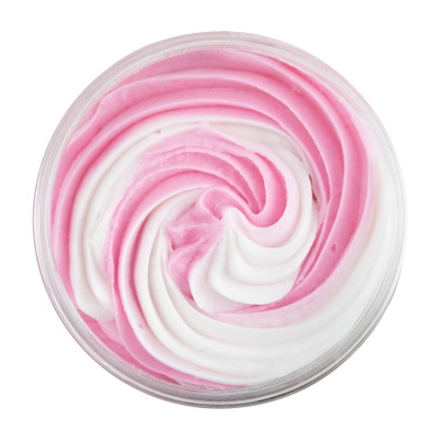 Creme espiral rosa e branco numa embalagem redonda transparente