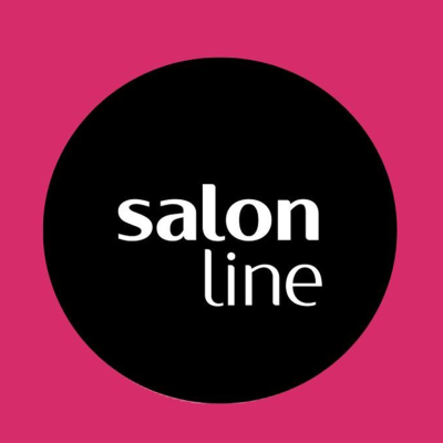 Logótipo 'salon line' em círculo preto com fundo rosa