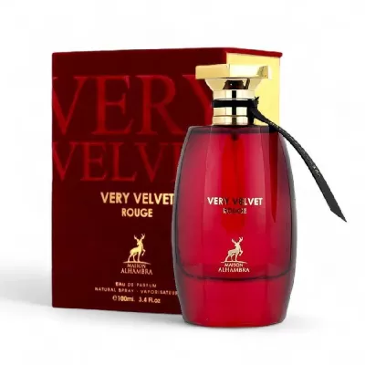 Frasco vermelho de perfume Very Velvet Rouge e caixa correspondente