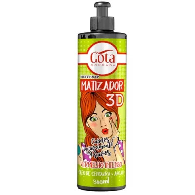 Frasco de condicionador Gota Dourada Matizador 3D verde com ilustração de mulher ruiva