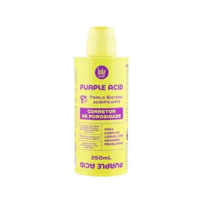 Frasco amarelo de plástico com tampa amarela do produto Purple Acid da marca lola para cabelos loiros
