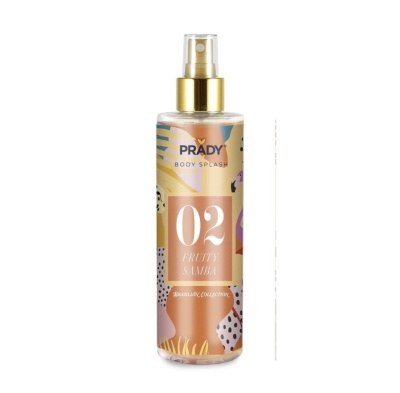 Frasco de body splash PRADY com etiquetas coloridas e pulverizador dourado