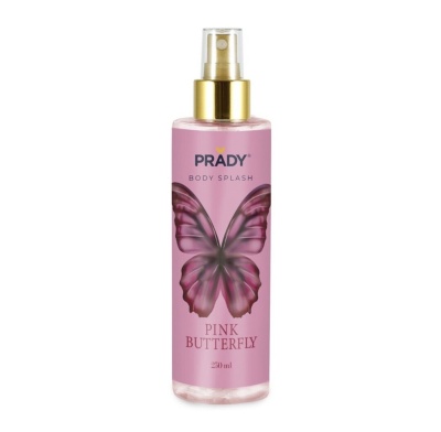 Frasco spray rosa com borboleta e texto PRADY BODY SPLASH PINK BUTTERFLY
