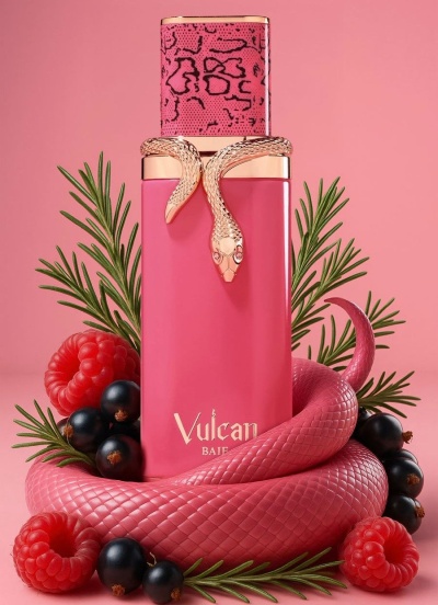 Frasco de perfume rosa com cobra dourada decorativa e frutas vermelhas com ramos verdes