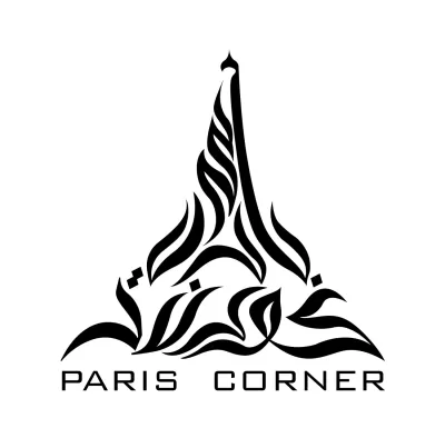 Logótipo caligráfico da Torre Eiffel com texto PARIS CORNER