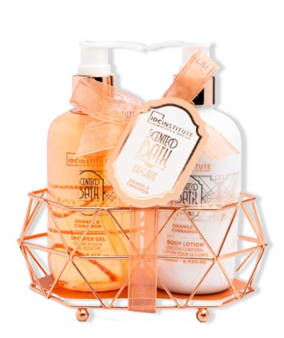 Conjunto de gel de duche e loção corporal IDC Institute laranja e canela em suporte metálico cor de cobre