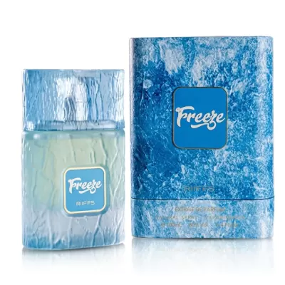 Frasco de perfume e caixa azul com textura de gelo e letras Freeze RIIFFS