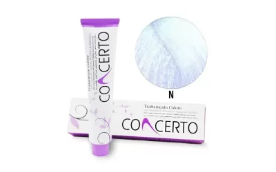 Tubo e caixa de tinta para cabelo Concerto com amostra de cor azul claro.